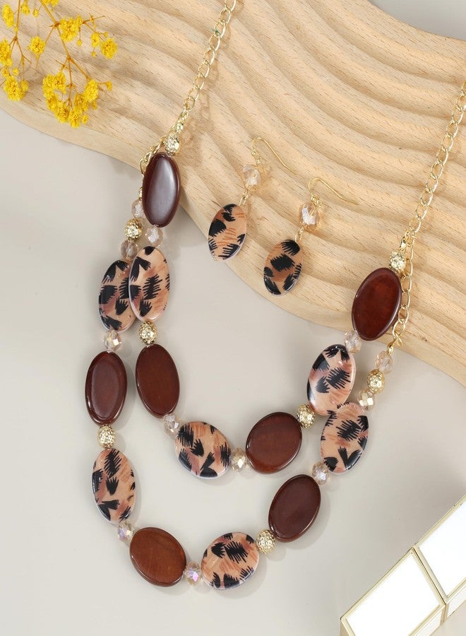 Xalroco 2 Layered Chunky Beaded Shell Necklace for Women Sea Shell Leopard Brown Statement Necklace and Earring Set Elegant Women Jewelry Sets (leopard brown) - Image 3
